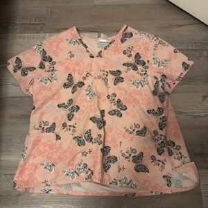 Pink floral with black butterflies SB Scrubs V-Neck scrub top